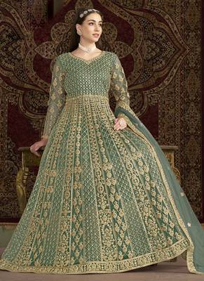 Sea green net embroidered anarkali suit 2