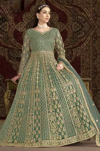 Sea green net embroidered anarkali suit
