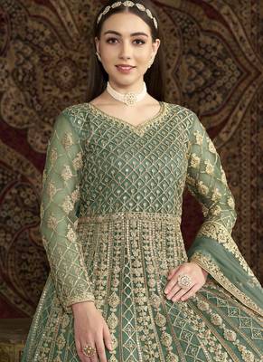 Sea green net embroidered anarkali suit 3