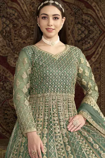 Sea green net embroidered anarkali suit
