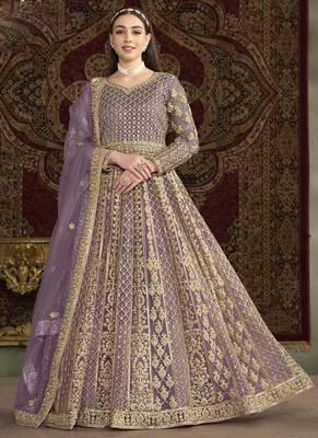 Lavender net embroidered anarkali suit 1