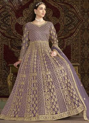 Lavender net embroidered anarkali suit 2
