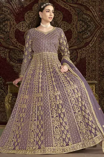 Lavender net embroidered anarkali suit