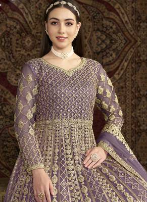 Lavender net embroidered anarkali suit 3