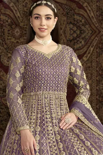 Lavender net embroidered anarkali suit