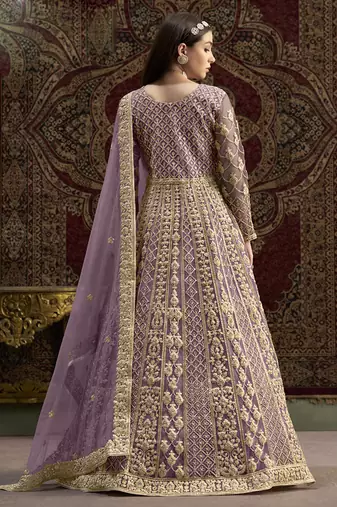 Lavender net embroidered anarkali suit