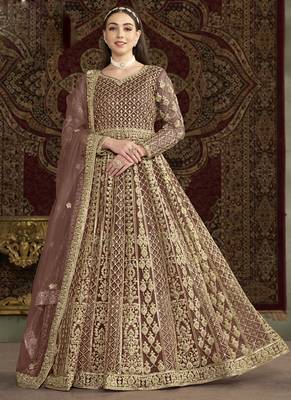 Light brown net embroidered anarkali suit 1