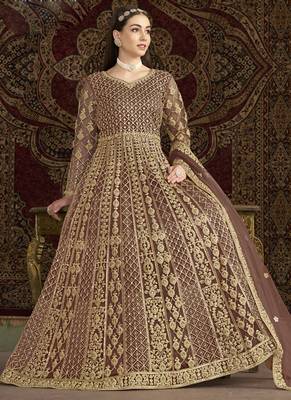 Light brown net embroidered anarkali suit 2