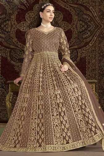 Light brown net embroidered anarkali suit