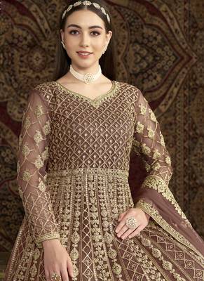 Light brown net embroidered anarkali suit 3