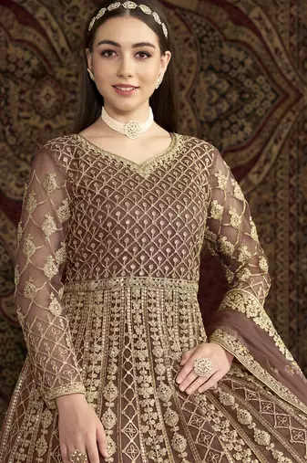 Light brown net embroidered anarkali suit