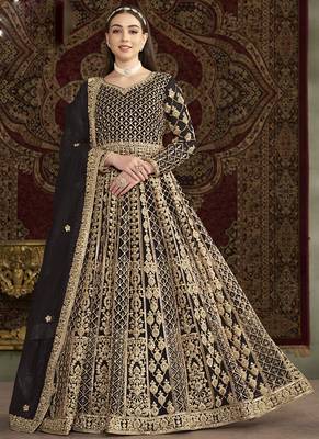 Dark brown net embroidered anarkali suit 1