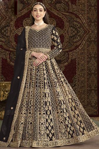 Dark brown net embroidered anarkali suit