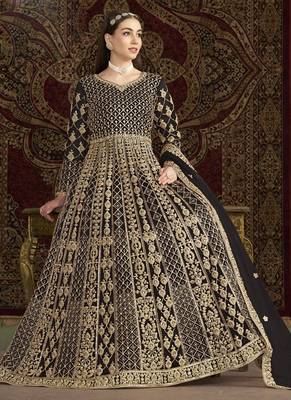 Dark brown net embroidered anarkali suit 2