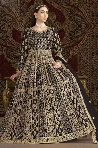Dark brown net embroidered anarkali suit