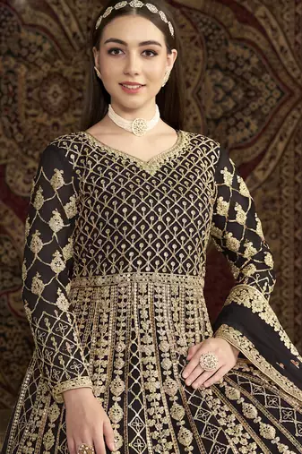 Dark brown net embroidered anarkali suit