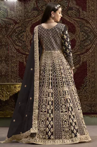 Dark brown net embroidered anarkali suit