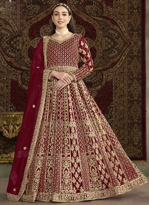 Maroon net embroidered anarkali suit 1