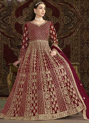 Maroon net embroidered anarkali suit 2