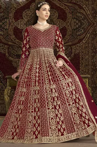 Maroon net embroidered anarkali suit