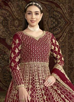 Maroon net embroidered anarkali suit 3