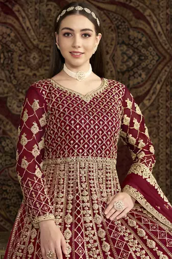 Maroon net embroidered anarkali suit
