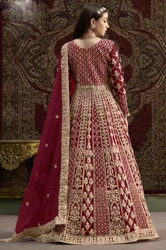 Maroon net embroidered anarkali suit