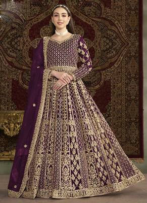 Violet net embroidered anarkali suit 1
