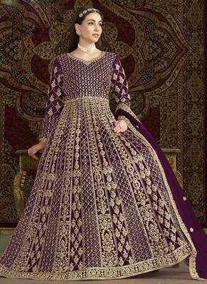 Violet net embroidered anarkali suit 2