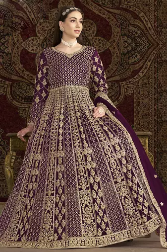 Violet net embroidered anarkali suit