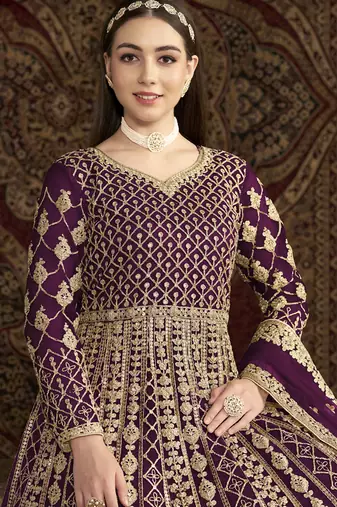 Violet net embroidered anarkali suit