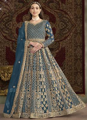 Aqua blue net embroidered anarkali suit 1