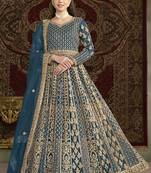 Aqua blue net embroidered anarkali suit