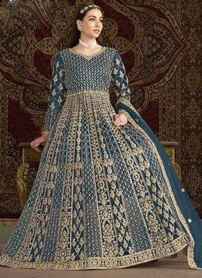 Aqua blue net embroidered anarkali suit 2