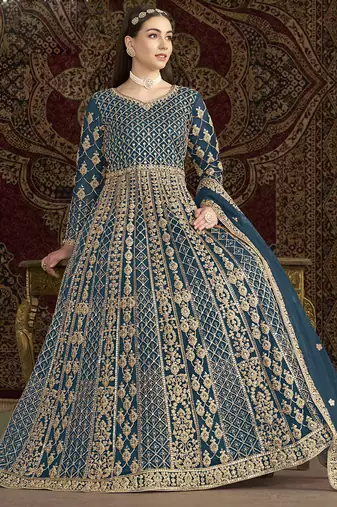 Aqua blue net embroidered anarkali suit