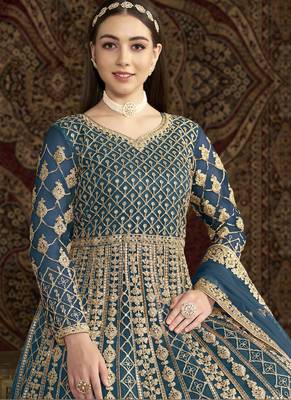 Aqua blue net embroidered anarkali suit 3