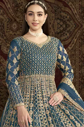 Aqua blue net embroidered anarkali suit