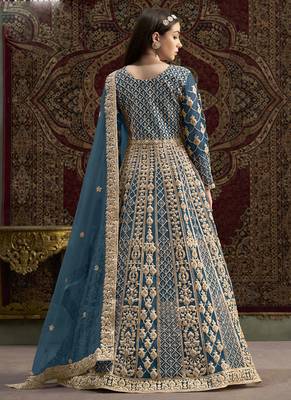Aqua blue net embroidered anarkali suit 4