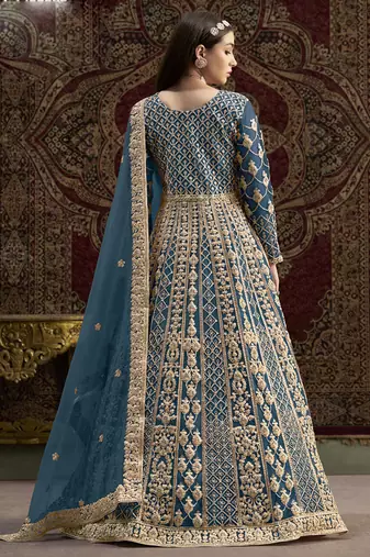 Aqua blue net embroidered anarkali suit