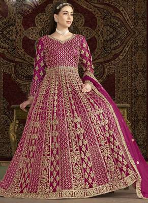 Pink net embroidered anarkali suit 2