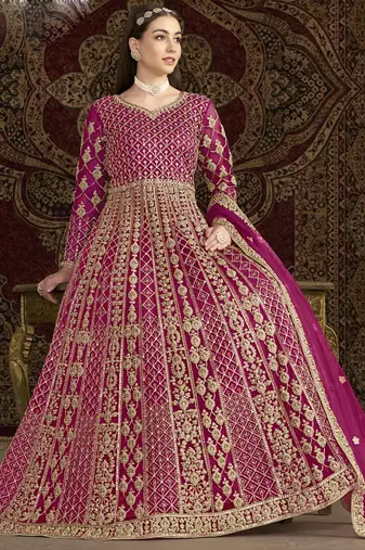 Pink net embroidered anarkali suit