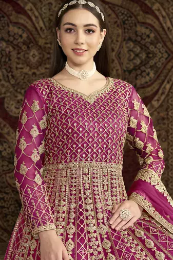 Pink net embroidered anarkali suit