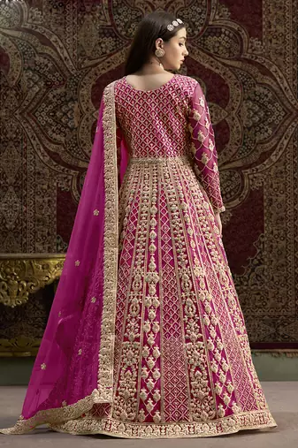 Pink net embroidered anarkali suit