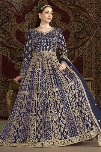 Blue net embroidered anarkali suit