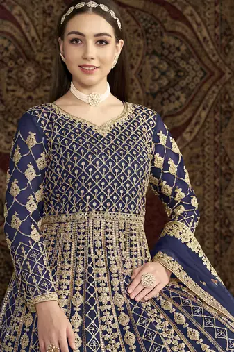 Blue net embroidered anarkali suit