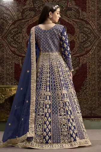 Blue net embroidered anarkali suit