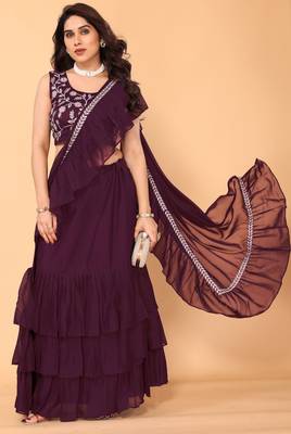 ready to wear wine ruffle georgette saree with embroidered stitched blouse 1