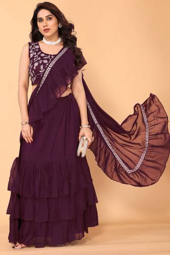 wine Ruffle Georgette Ready To Wear Fully Stitched Saree With Embroidered Stitched Blouse