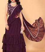 ready to wear wine ruffle georgette saree with embroidered stitched blouse