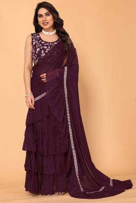 ready to wear wine ruffle georgette saree with embroidered stitched blouse 2